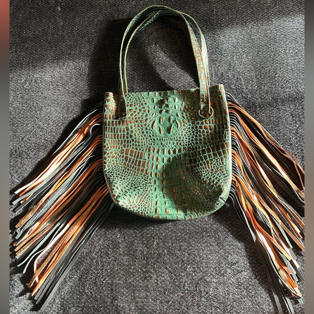 Green turquoise Crocodile Pattern Fringe Tote Bag with copper accents